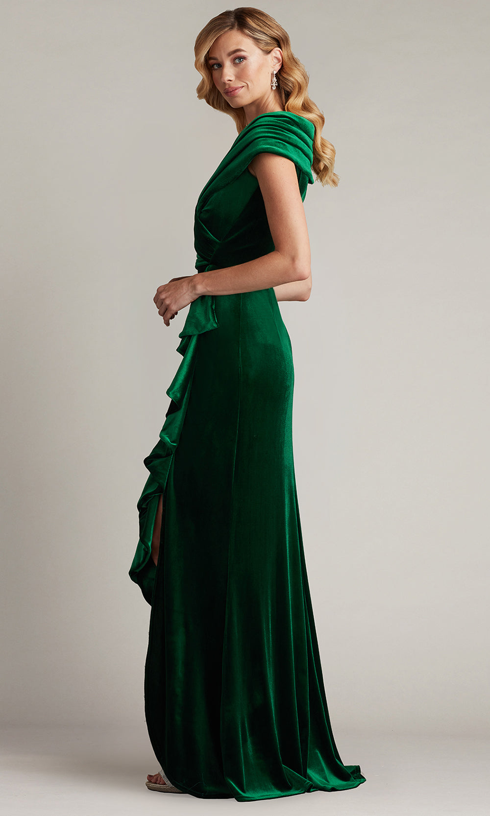 Tadashi Shoji BAL24740L - Alvarez Velvet Waterfall Drape Evening Gown Formal Gowns