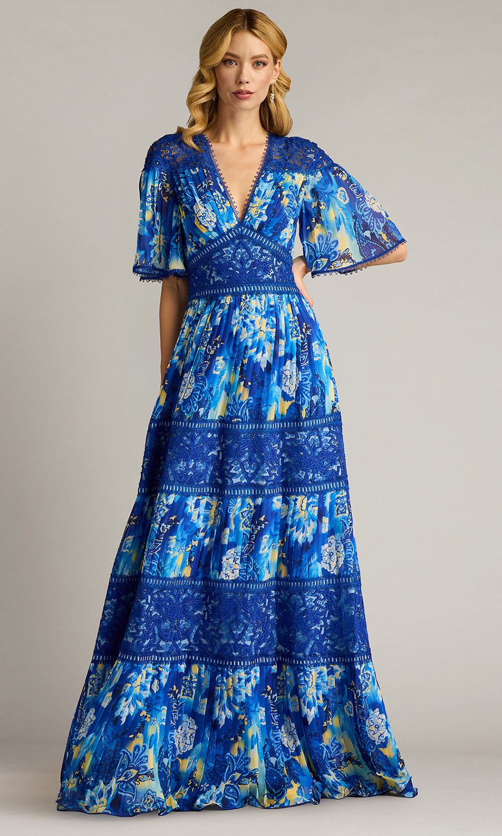 Tadashi Shoji CHQ25199L - Flutter Sleeve Cyra Floral Pleated Chiffon Gown Formal Gowns