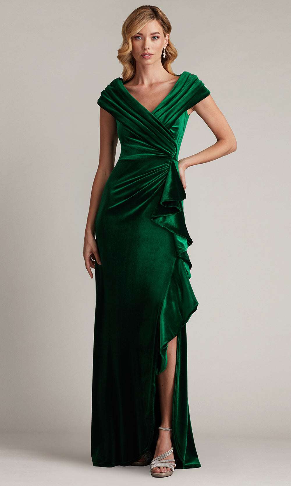 Tadashi Shoji BAL24740L - Alvarez Velvet Waterfall Drape Evening Gown Formal Gowns