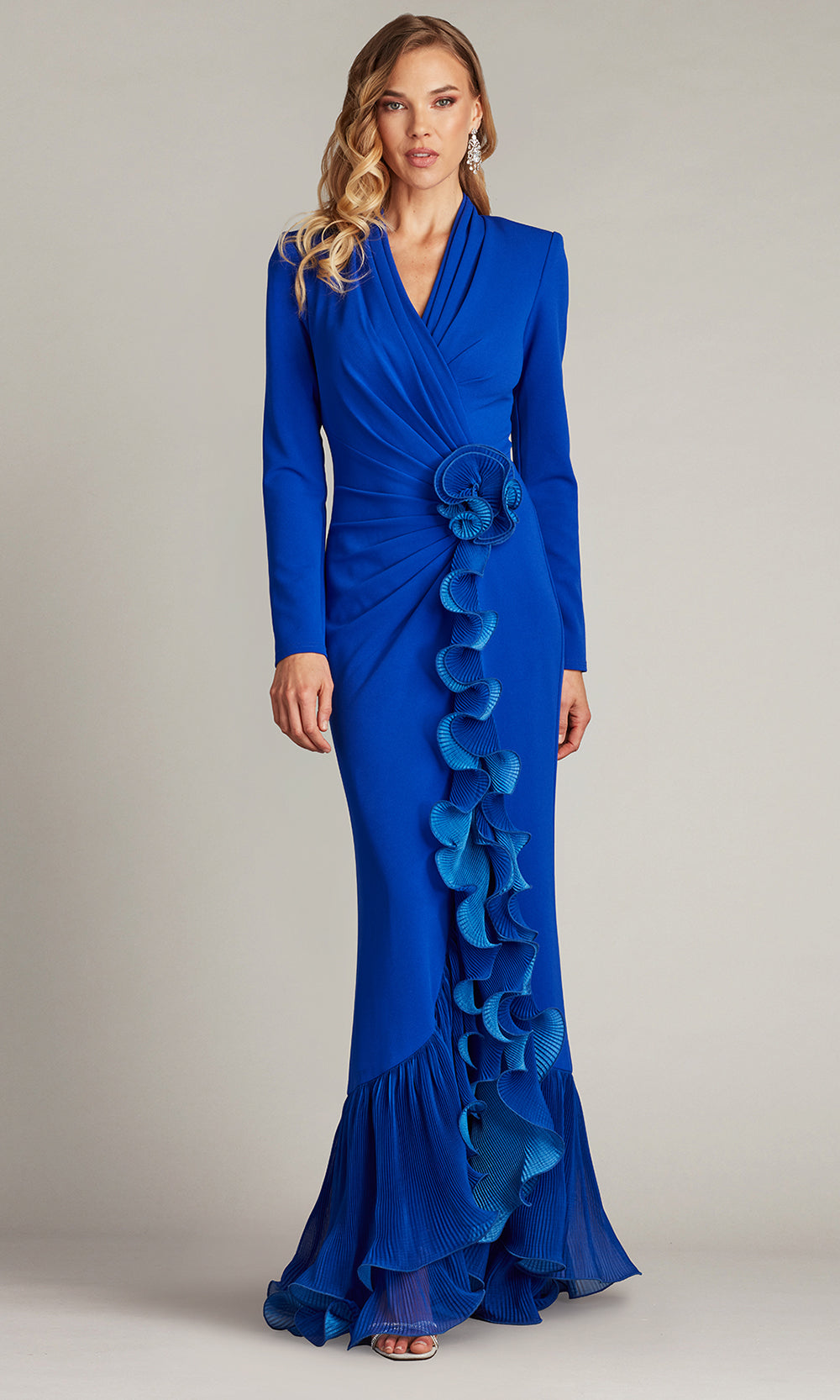 Tadashi Shoji BOS24382L - Long Crepe (95% Polyester 5% Spandex) Sheath Dress - Pleated Bodice, Cascading Ruffles, Front Slit, Full Back, Concealed Back Zipper, Long Sleeves ADASA Tadashi Shoji BOS24382L - Long Crepe (95% Polyester 5% Spandex) Sheath Dress - Pleated Bodice, Cascading Ruffles, Front Slit, Full Back, Concealed Back Zipper, Long Sleeves ADASA