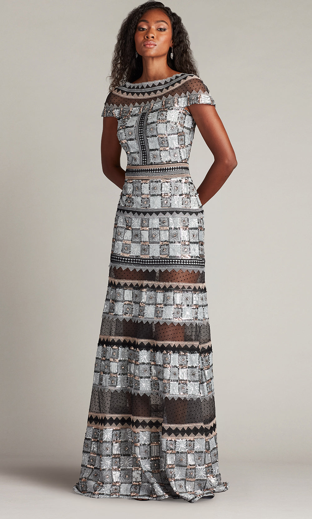 Tadashi Shoji CHH25334L - Bateau Jovie Sequin Embroidered Illusion Gown Formal Gowns