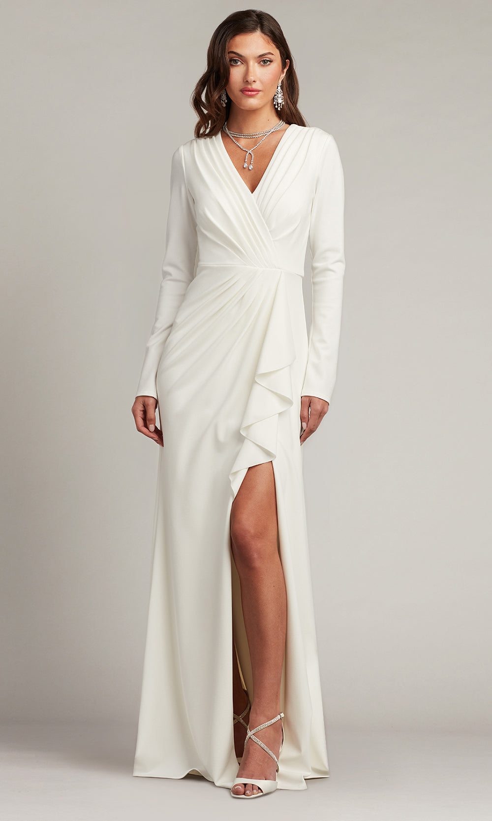 Tadashi Shoji BOS20704LBR - Long Crepe Sheath Dress - Fitted, Long Sleeves, Drape, Slit, Ruffles, Floor Length, Full Back, Back Zipper ADASA Tadashi Shoji BOS20704LBR - Long Crepe Sheath Dress - Fitted, Long Sleeves, Drape, Slit, Ruffles, Floor Length, Full Back, Back Zipper ADASA