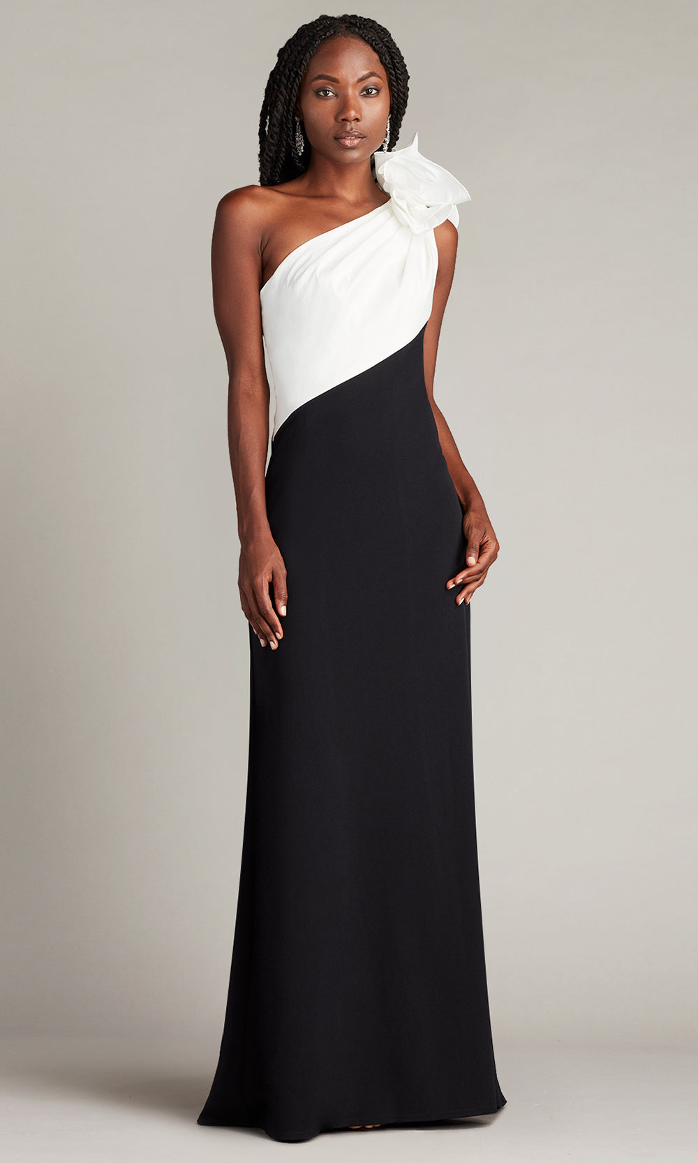 Tadashi Shoji BOS23478L - Floral Accent Shoulder Evening Gown Tadashi Shoji BOS23478L - Floral Accent Shoulder Evening Gown