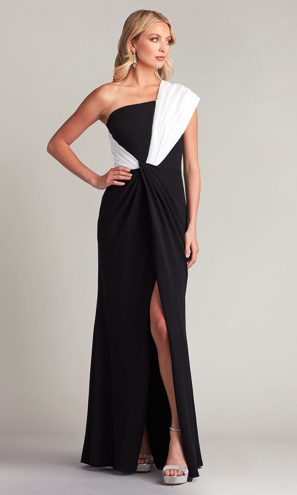 Tadashi Shoji CY22382L - Long Taffeta/Textured Crepe Sheath Dress - Pleated Drape, High Slit, Sweep Train ADASA Tadashi Shoji CY22382L - Long Taffeta/Textured Crepe Sheath Dress - Pleated Drape, High Slit, Sweep Train ADASA