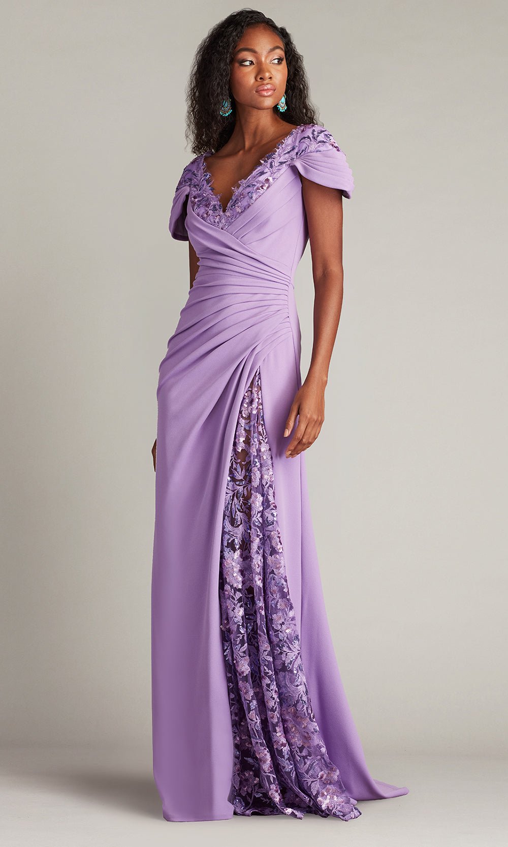 Tadashi Shoji CHS25373L - Sunas Draped Crepe and Sequin Embroidered Sheath Gown Formal Gowns