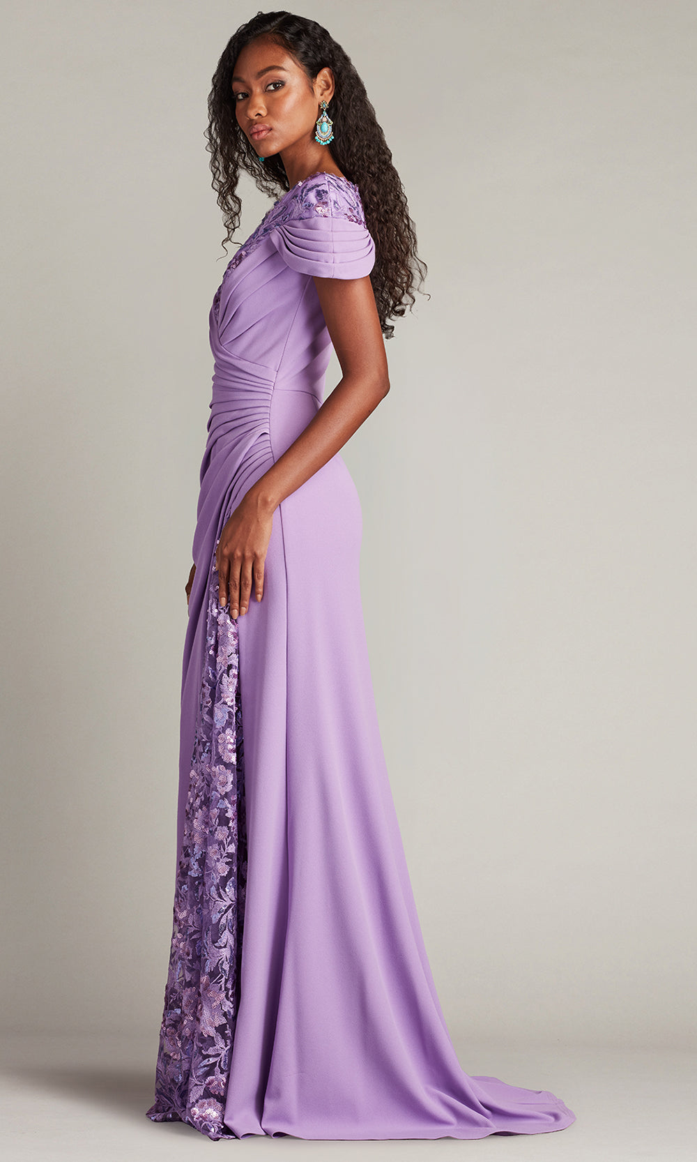 Tadashi Shoji CHS25373L - Sunas Draped Crepe and Sequin Embroidered Sheath Gown Formal Gowns