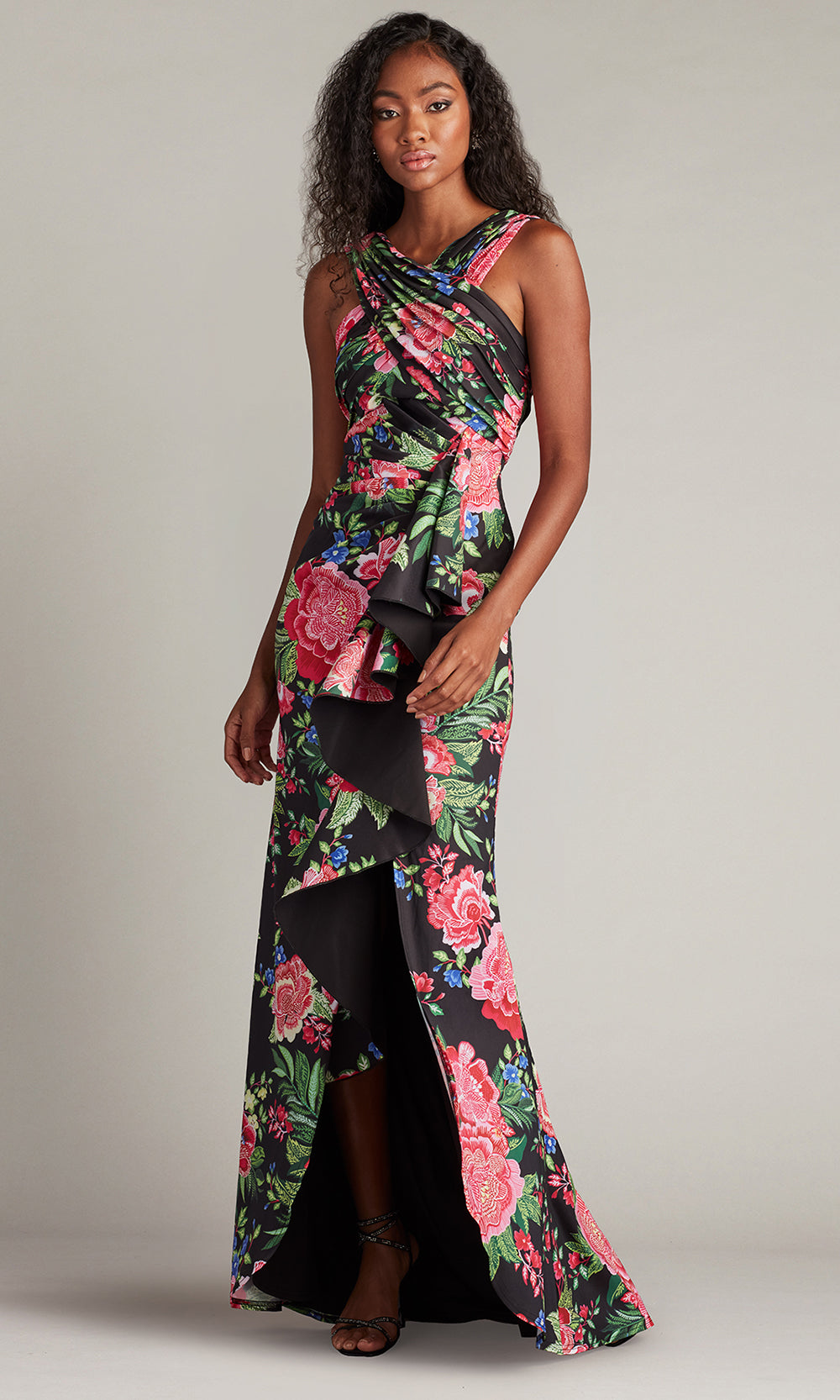 Tadashi Shoji CII24377L - Elarra Floral Waterfall Flounce Halter Gown Evening Dresses