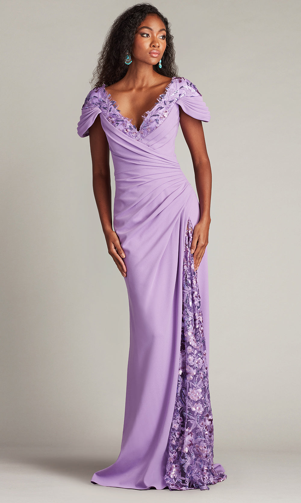 Tadashi Shoji CHS25373L - Sunas Draped Crepe and Sequin Embroidered Sheath Gown Formal Gowns