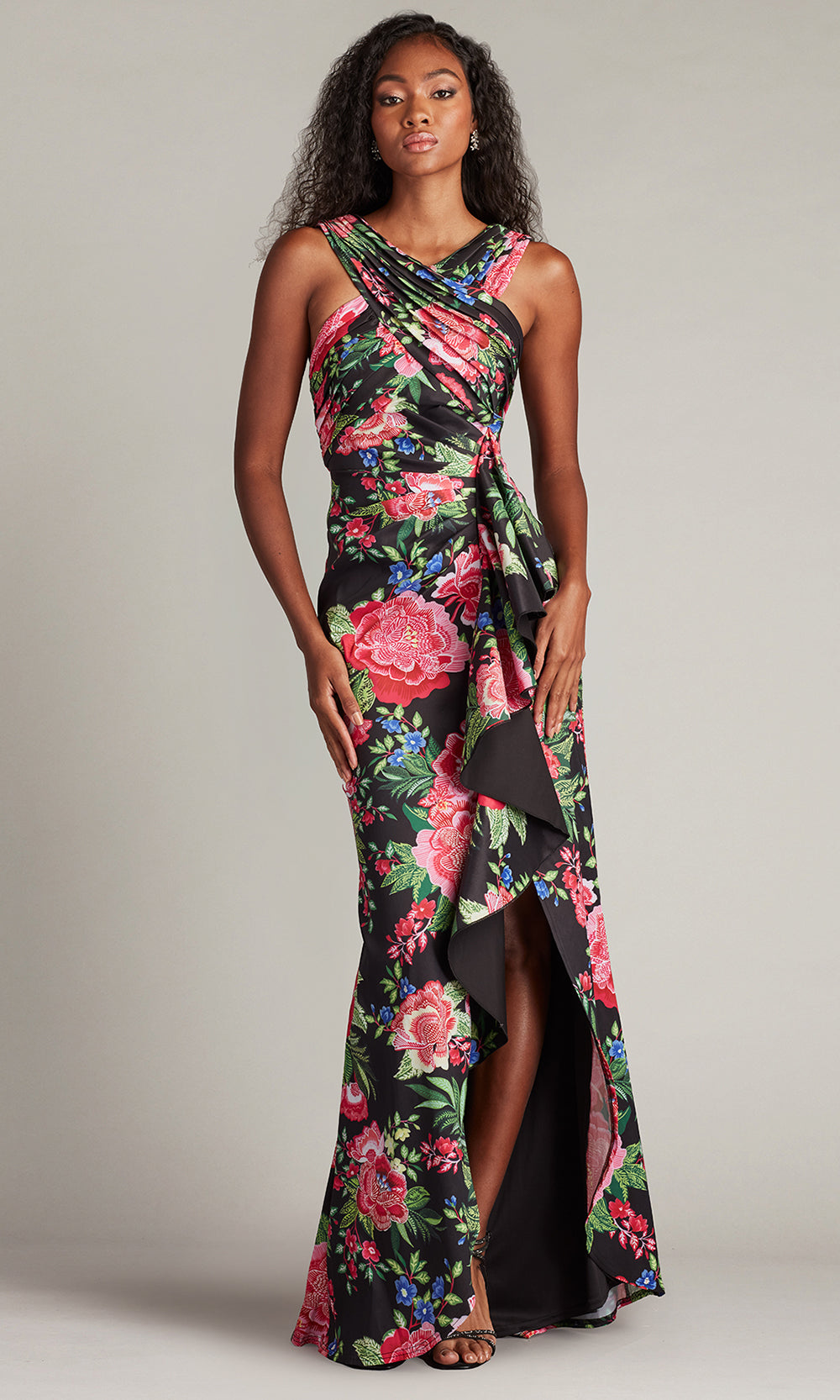 Tadashi Shoji CII24377L - Elarra Floral Waterfall Flounce Halter Gown Evening Dresses