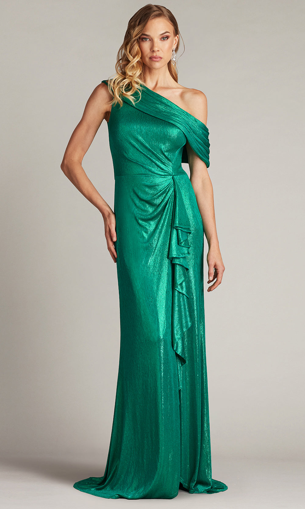 Tadashi Shoji BSJ25441L - Boise Metallic Waterfall Flounce Asymmetric Gown Formal Gowns