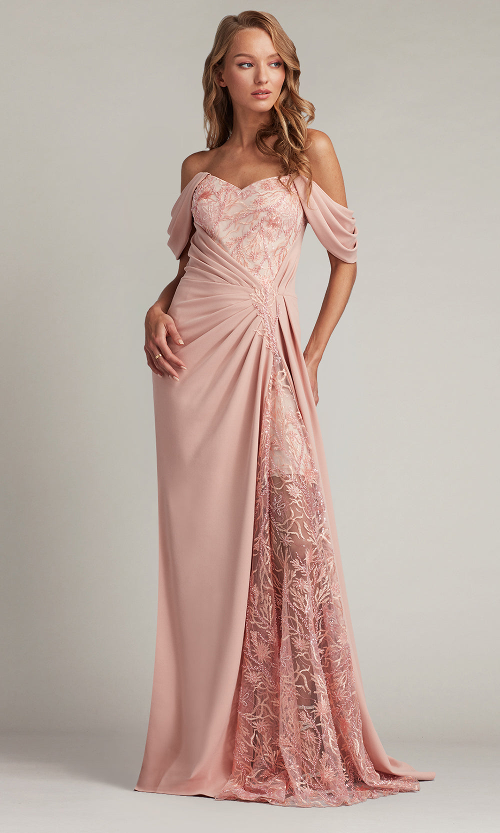 Tadashi Shoji CDN24082L - Long Tulle Trumpet Dress - Draped Sleeves, Gathered Ruching, Lace Details, Midrise Back, Sweep Train ADASA Tadashi Shoji CDN24082L - Long Tulle Trumpet Dress - Draped Sleeves, Gathered Ruching, Lace Details, Midrise Back, Sweep Train ADASA
