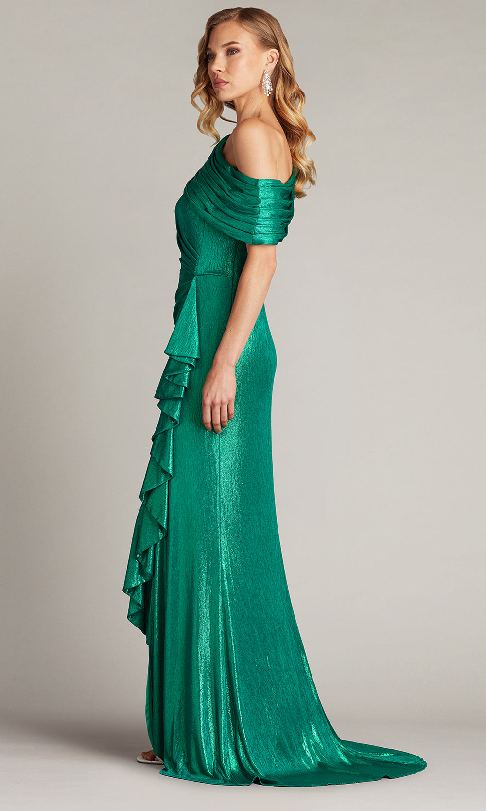 Tadashi Shoji BSJ25441L - Boise Metallic Waterfall Flounce Asymmetric Gown Formal Gowns