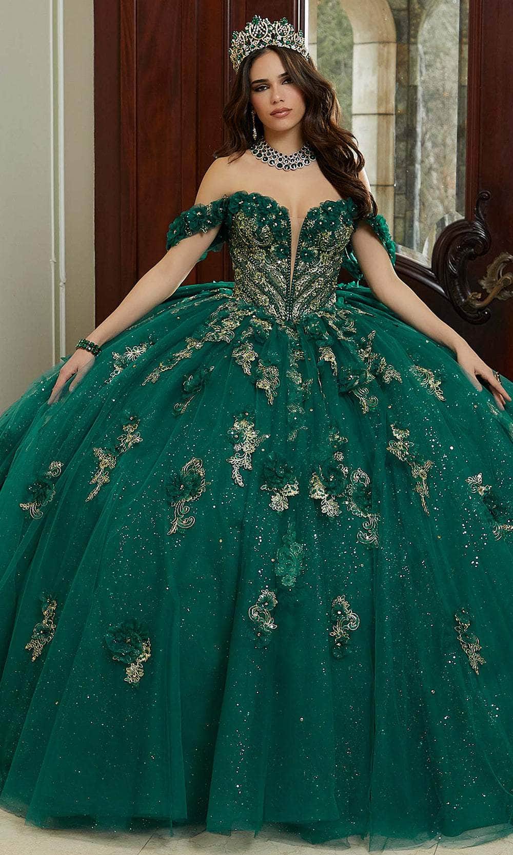 Vizcaya by Mori Lee 89473 - Long Sparkle Tulle/Metallic Lace Ballgown Dress - Plunging Bodice with Sheer Inset, Three-Dimensional Flowers, Metallic Vizcaya by Mori Lee 89473 - Long Sparkle Tulle/Metallic Lace Ballgown Dress - Plunging Bodice with Sheer Inset, Three-Dimensional Flowers, Metallic