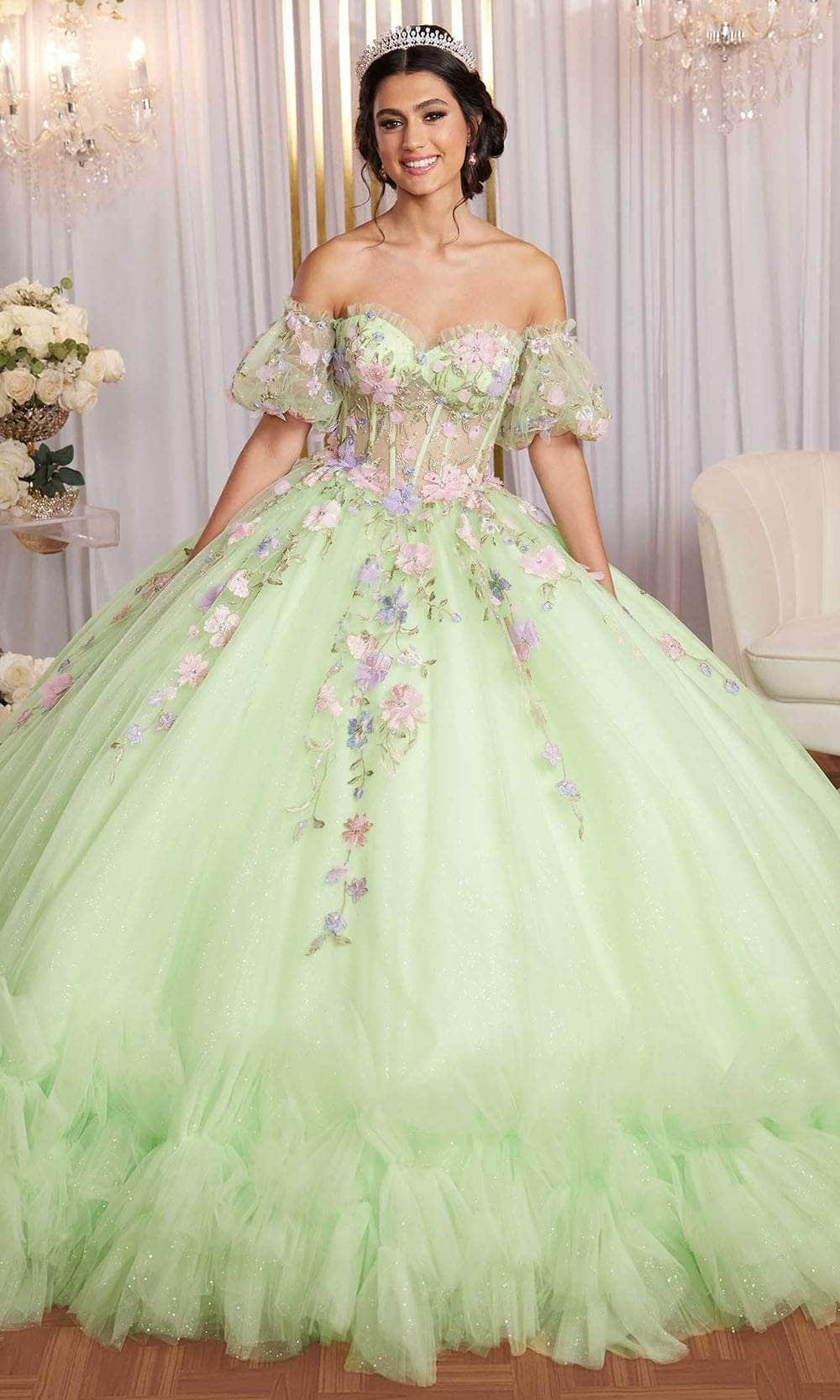 Vizcaya by Mori Lee 89510 - Long Tulle Ballgown Dress - Detachable Puff Sleeves, Corset Bodice, Floral Appliques, Lace Up Back, Tiered Skirt, Sweep Vizcaya by Mori Lee 89510 - Long Tulle Ballgown Dress - Detachable Puff Sleeves, Corset Bodice, Floral Appliques, Lace Up Back, Tiered Skirt, Sweep