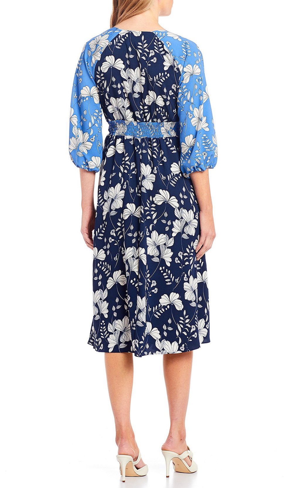 Maison Tara - 91196M Tea Length Floral Color Block A-Line Dress In Blue and Floral