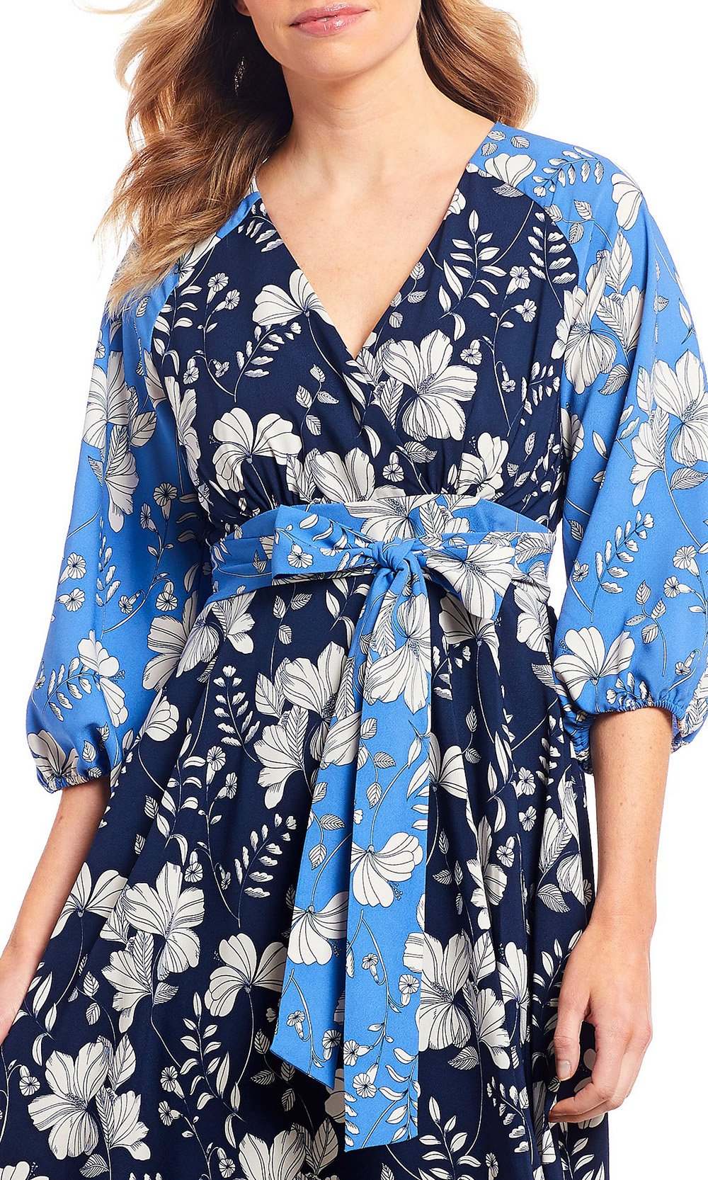 Maison Tara - 91196M Tea Length Floral Color Block A-Line Dress In Blue and Floral