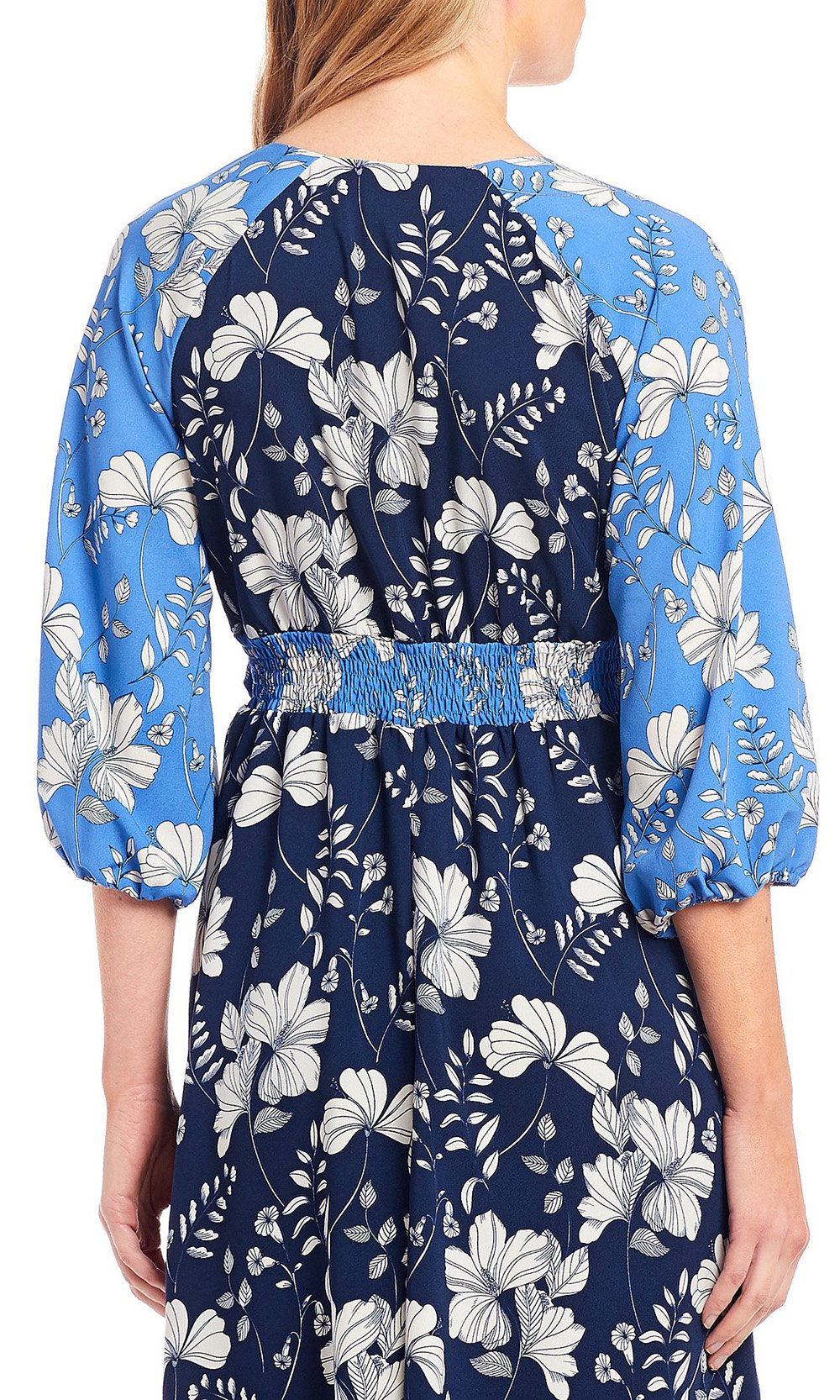 Maison Tara - 91196M Tea Length Floral Color Block A-Line Dress In Blue and Floral