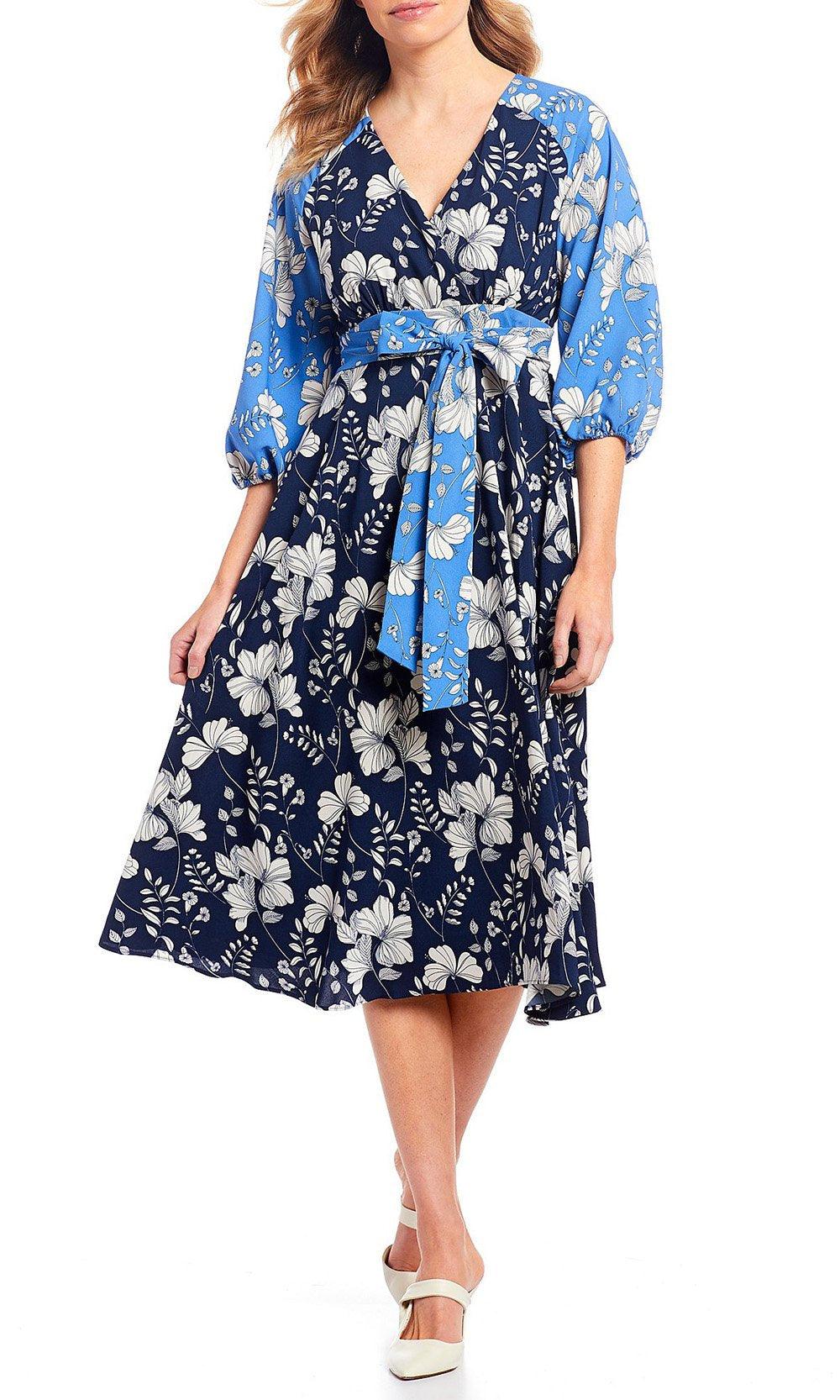 Maison Tara - 91196M Tea Length Floral Color Block A-Line Dress In Blue and Floral