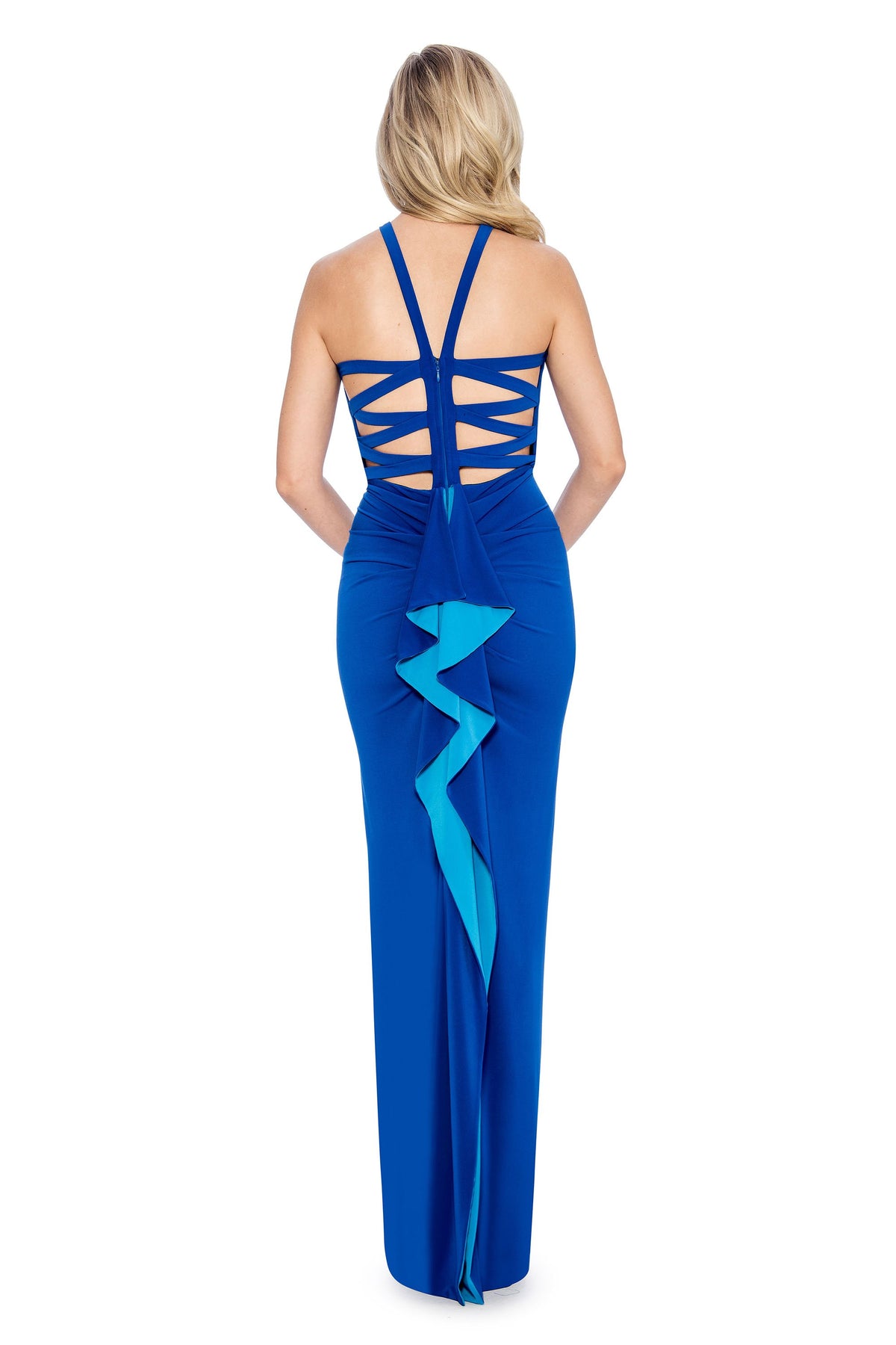 Decode 1.8 - 184469 Halter Neck Flutter Jersey Column Dress In Blue