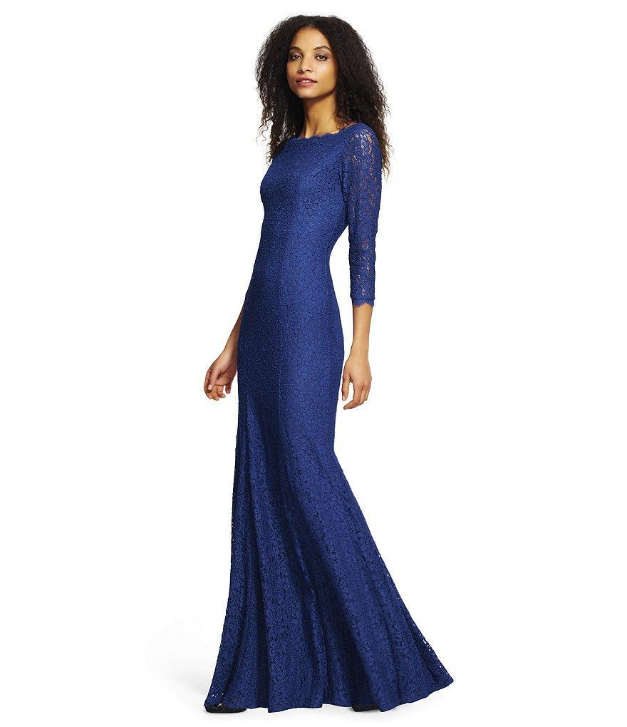 Adrianna Papell - Long Sleeves Lace Long Dress 91879130 in Blue