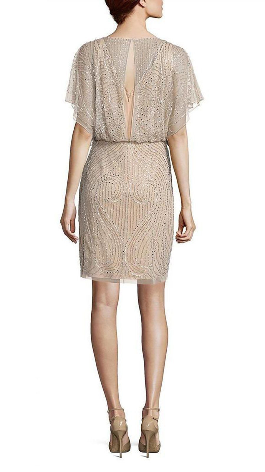 Aidan Mattox Sequined V-Neck Blouson Short Dress MD1E200692 In Silver and Nude