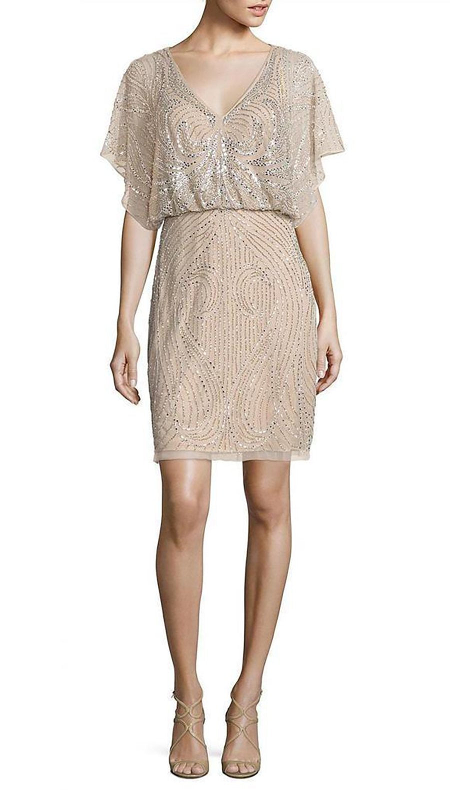 Aidan Mattox Sequined V-Neck Blouson Short Dress MD1E200692 In Silver and Nude