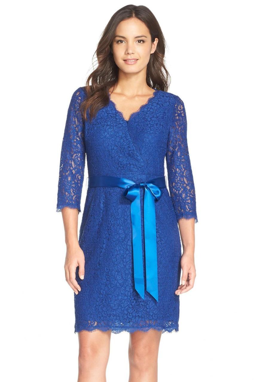 Adrianna Papell - Quarter Length Sleeves Lace Short Dress 41910400 in Blue