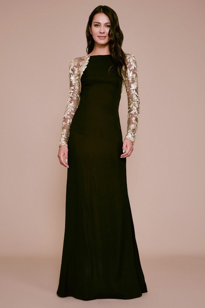 tadashi shoji long sleeve lace dress Verae Embroidered Bodice Gown