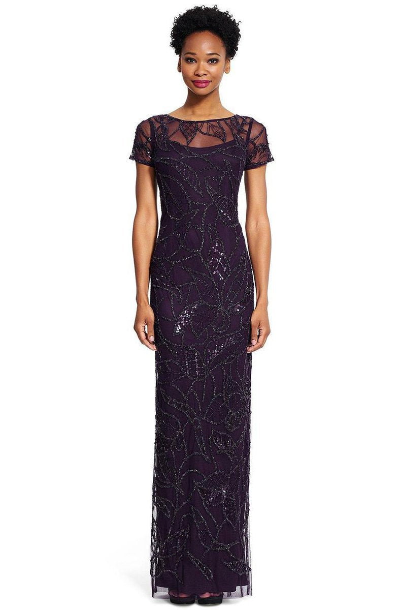 Adrianna Papell 91929590 Long Sheath Dress Short Sleeve Zipper Back Embellished Mesh Dress ADASA