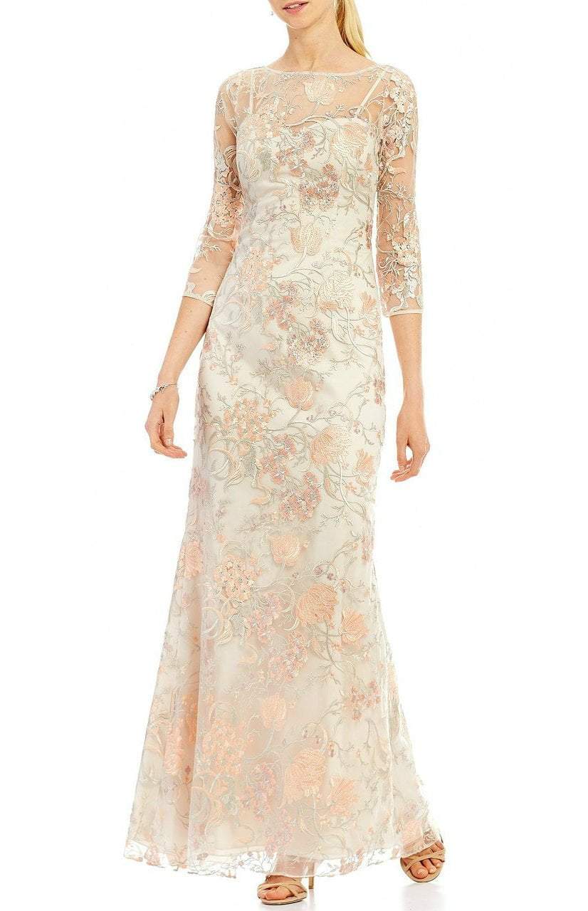Aidan Mattox MD1E201009 - Long Sheath Dress - Embroidered Mesh, Floral, Sheer Quarter Sleeves, V-Cut Illusion Back, Back Zipper Closure, Back Slit, Full Length Hem ADASA Aidan Mattox MD1E201009 - Long Sheath Dress - Embroidered Mesh, Floral, Sheer Quarter Sleeves, V-Cut Illusion Back, Back Zipper Closure, Back Slit, Full Length Hem ADASA