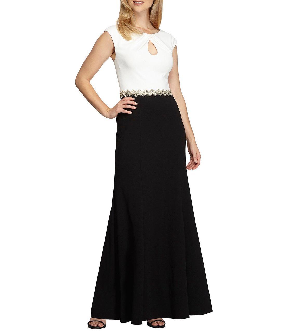 Alex Evenings 160108 - Long Stretch Crepe Sheath Dress - Cap Sleeves, Front Keyhole, Back Zipper, Embellished Belt, Low Scoop Back ADASA Alex Evenings 160108 - Long Stretch Crepe Sheath Dress - Cap Sleeves, Front Keyhole, Back Zipper, Embellished Belt, Low Scoop Back ADASA