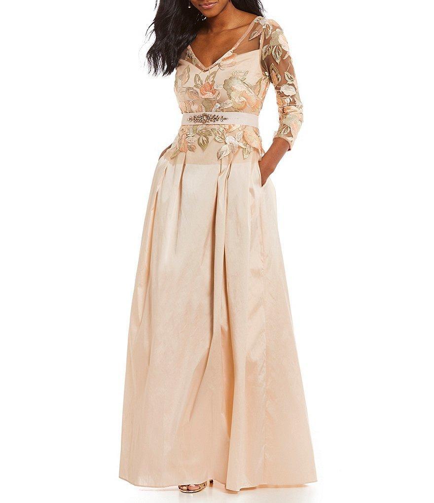 Adrianna Papell AP1E203037 Long A Line Dress Quarter Length Sleeves Floral Embroidery Beaded Belt A Line Skirt Pockets Taffeta Back Zipper Bow Belt Sheer Fabric ADASA