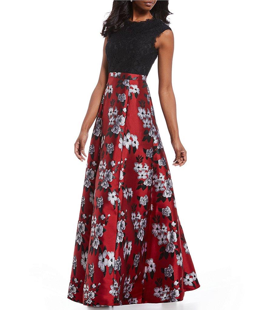 Aidan Mattox Sleeveless Lace Top Floral Jacquard Gown