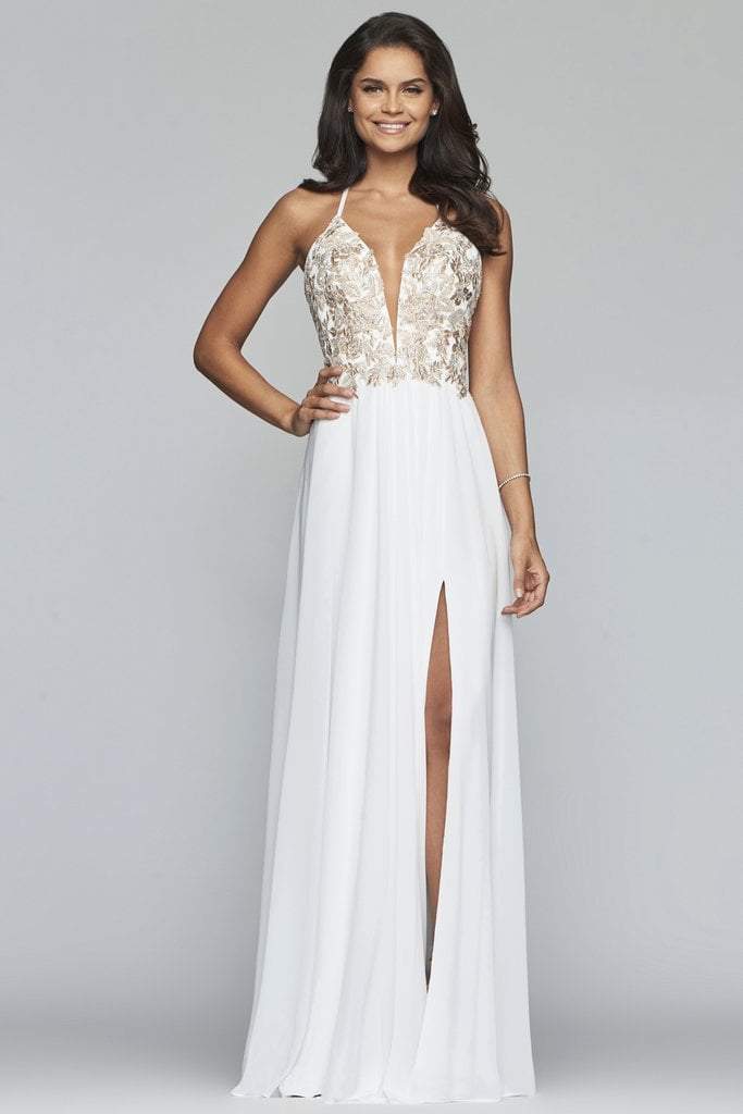 Faviana - 10201SC Appliqued Plunging Bodice Chiffon Dress ADASA Faviana - 10201SC Appliqued Plunging Bodice Chiffon Dress ADASA
