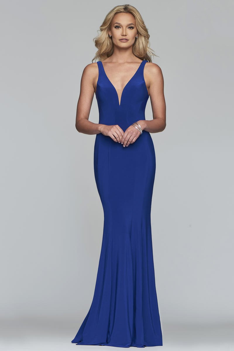 Faviana - Contoured Deep V-Neck Trumpet Dress 10223 In Blue