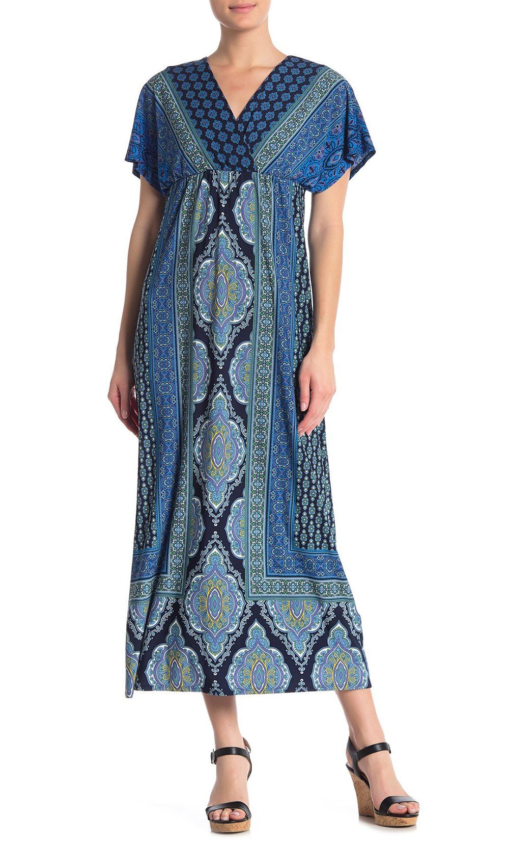 London Times - T3808M Short Sleeve Multi Print V-Neck Dress In Print and Blue