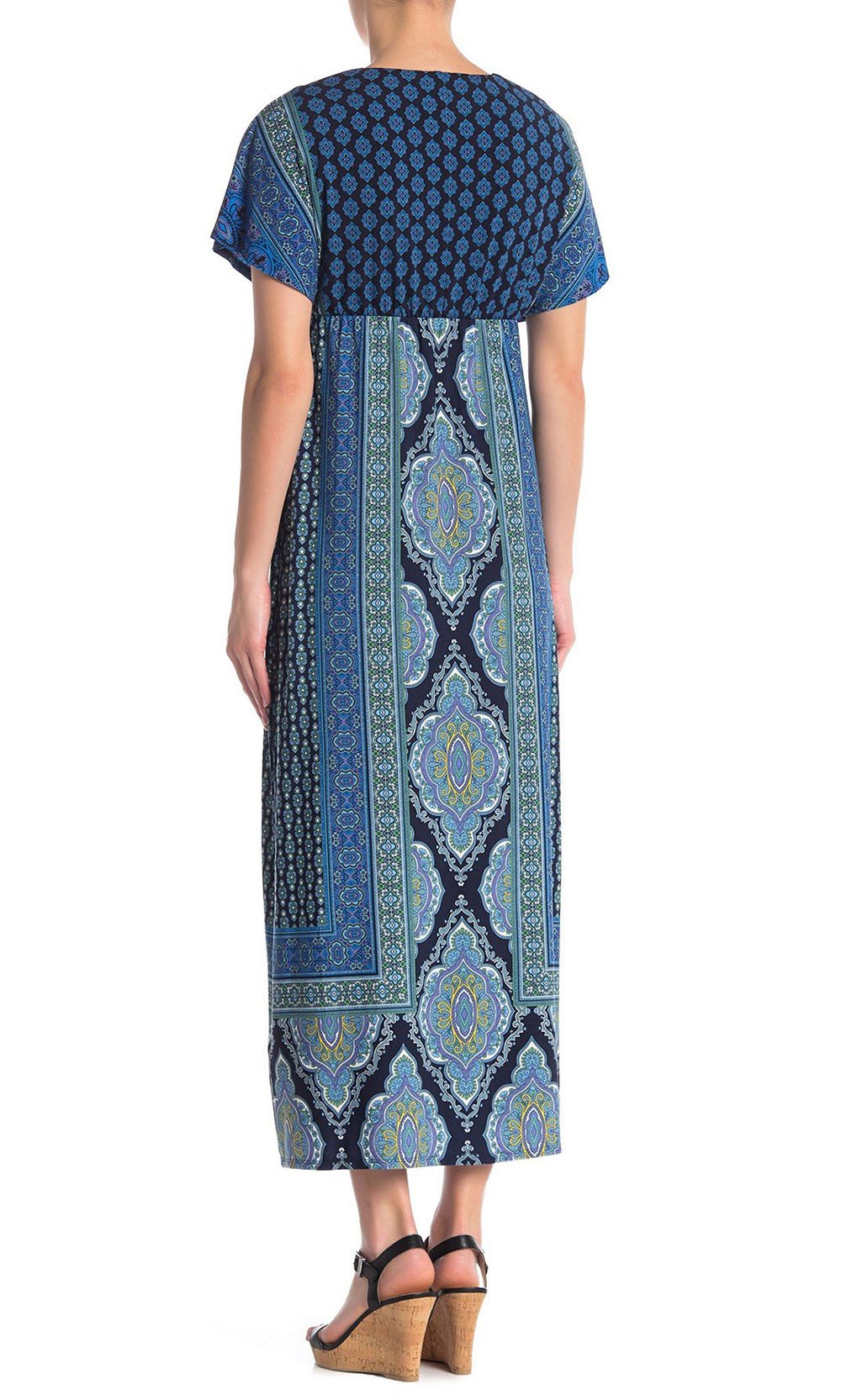 London Times - T3808M Short Sleeve Multi Print V-Neck Dress In Print and Blue