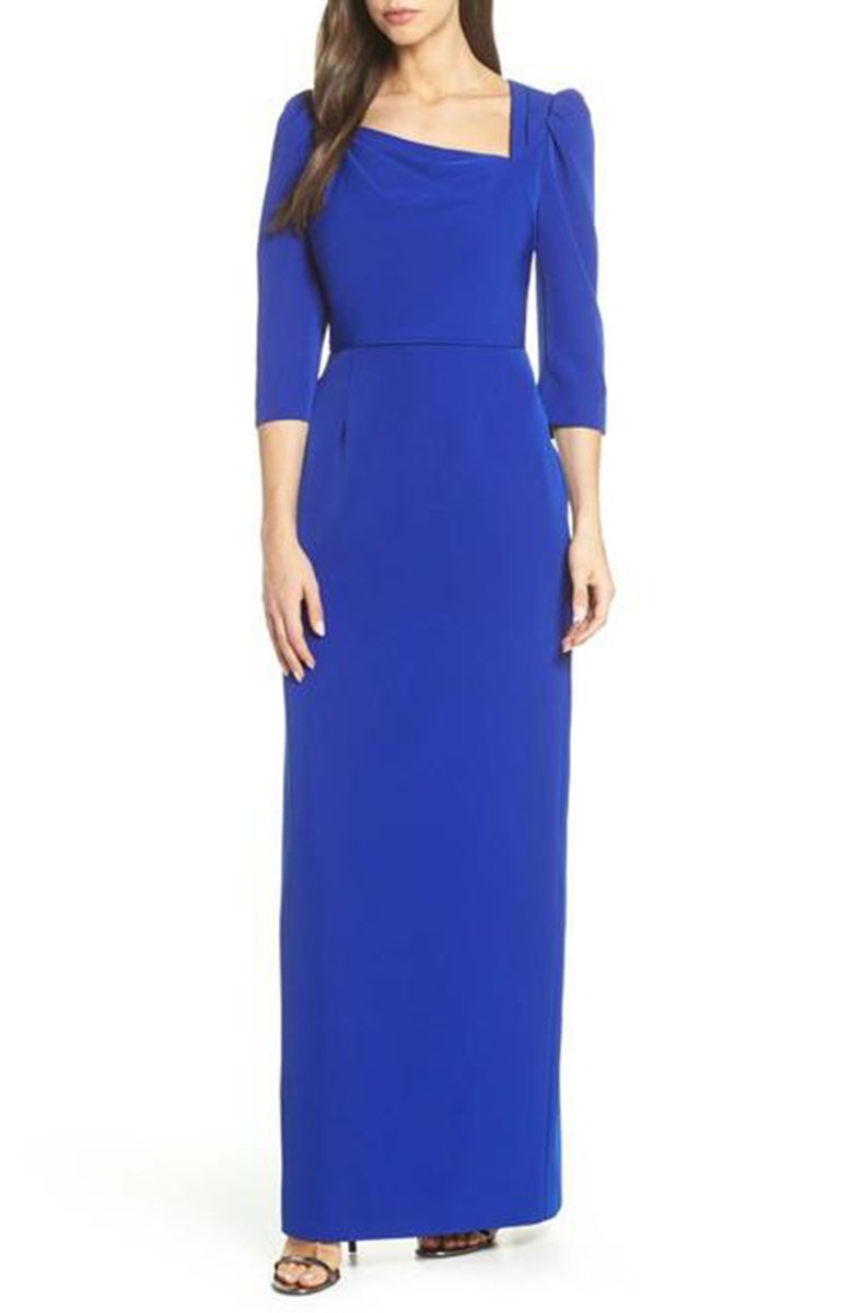 Adrianna Papell - AP1E205893 Asymmetric Neck Crepe Column Dress In Blue