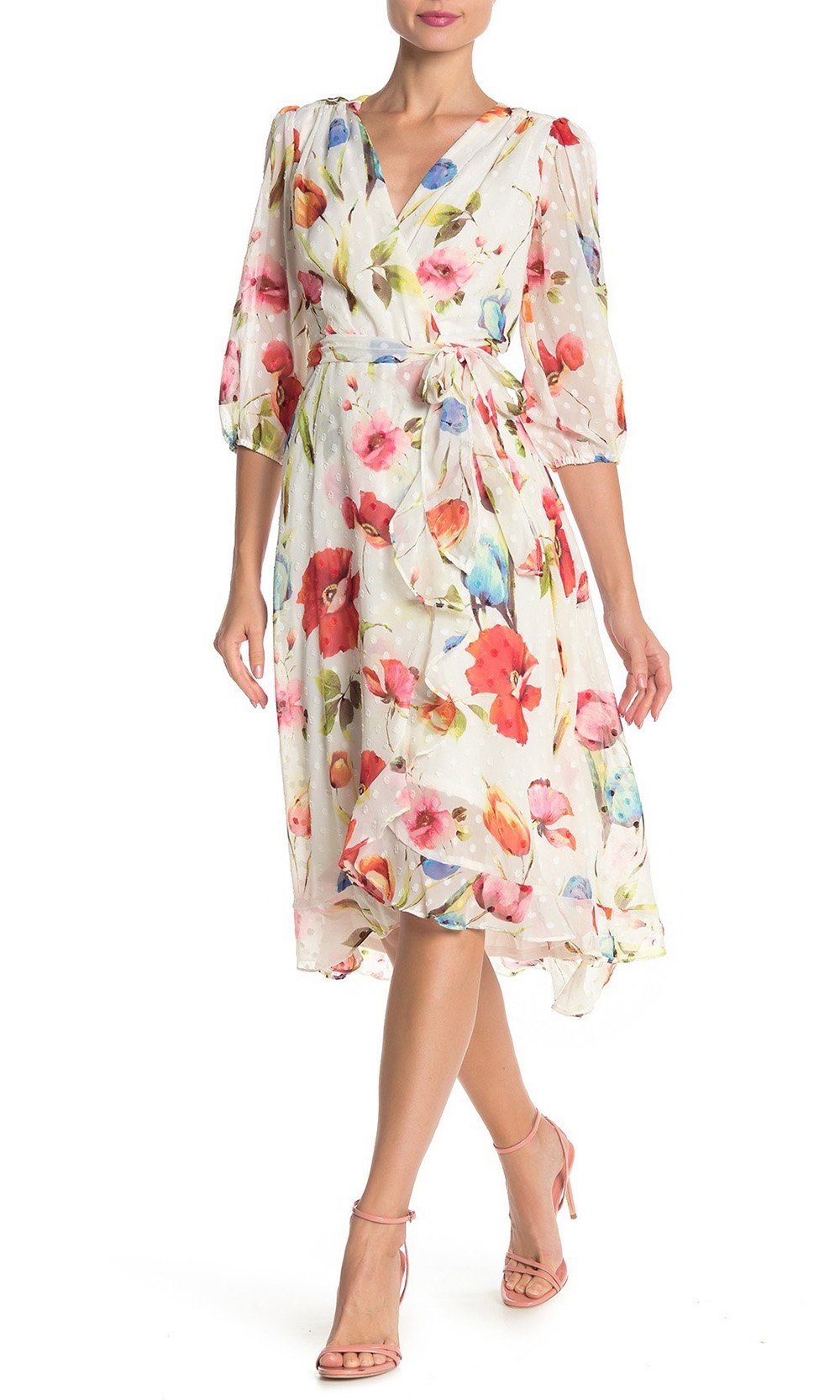 Maison Tara - 91039M Tea Length Floral Faux Wrap Dress In White and Floral