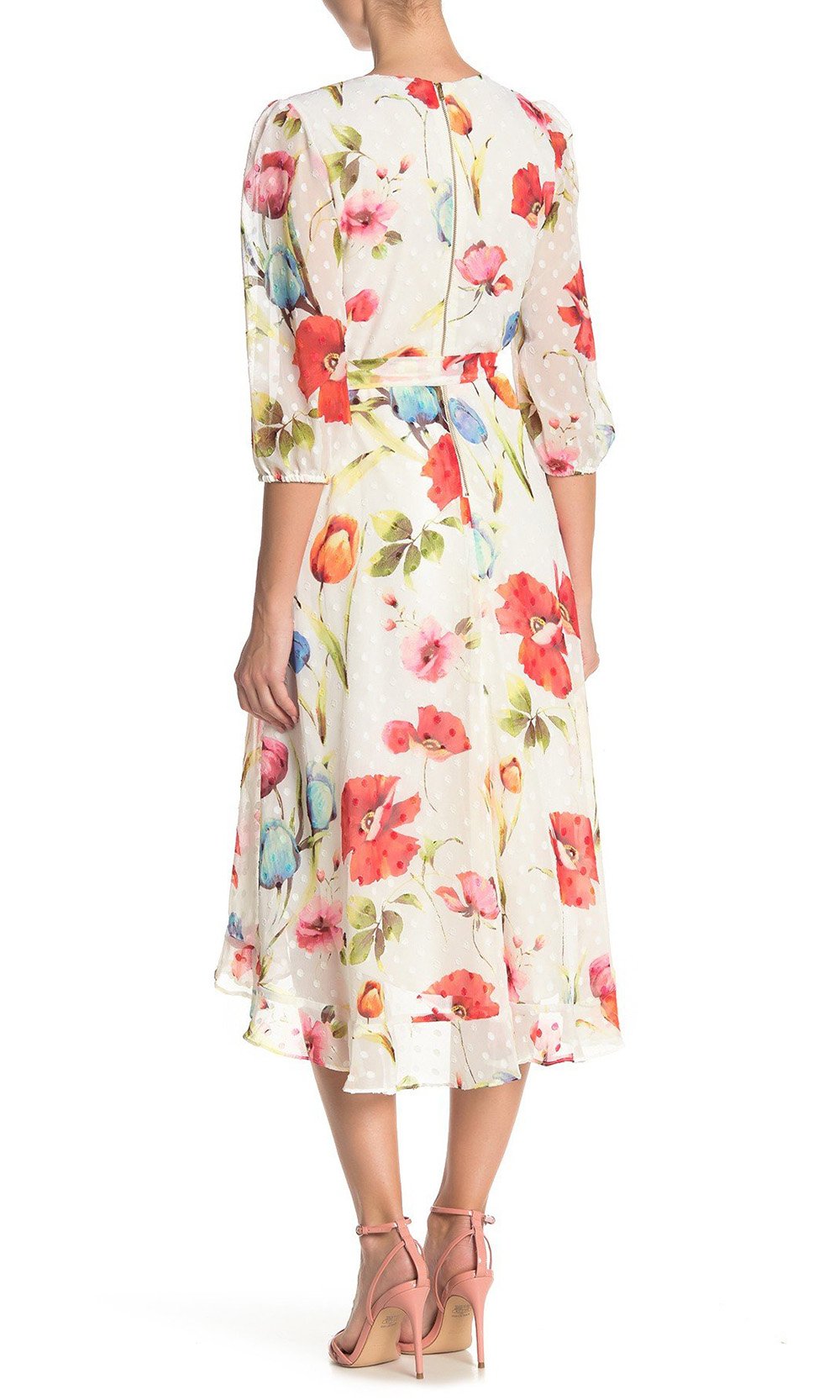 Maison Tara - 91039M Tea Length Floral Faux Wrap Dress In White and Floral