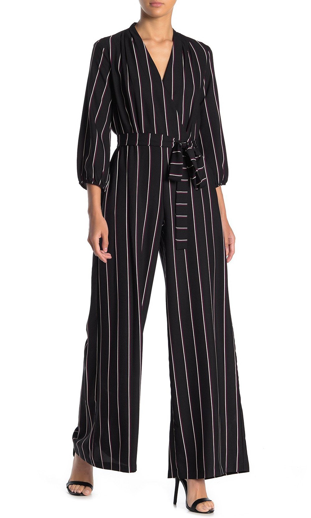 Gabby Skye - 91139MG Quarter Sleeve Stripe V-Neck Jumpsuit In Multi-Color