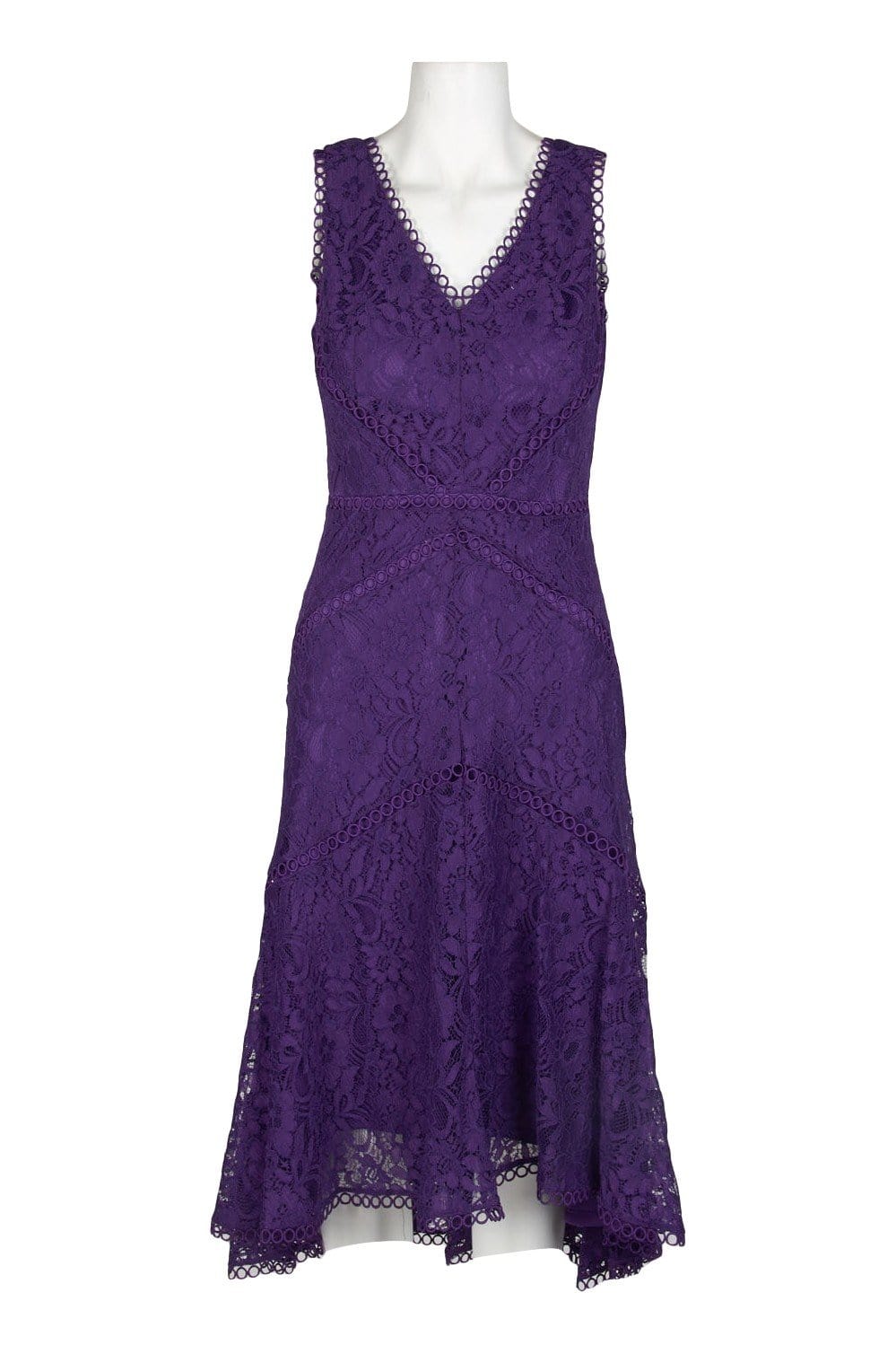 Taylor - 1144M Sleeveless Loops Trimmed V Neck Hi-Lo Hem Lace Dress In Purple