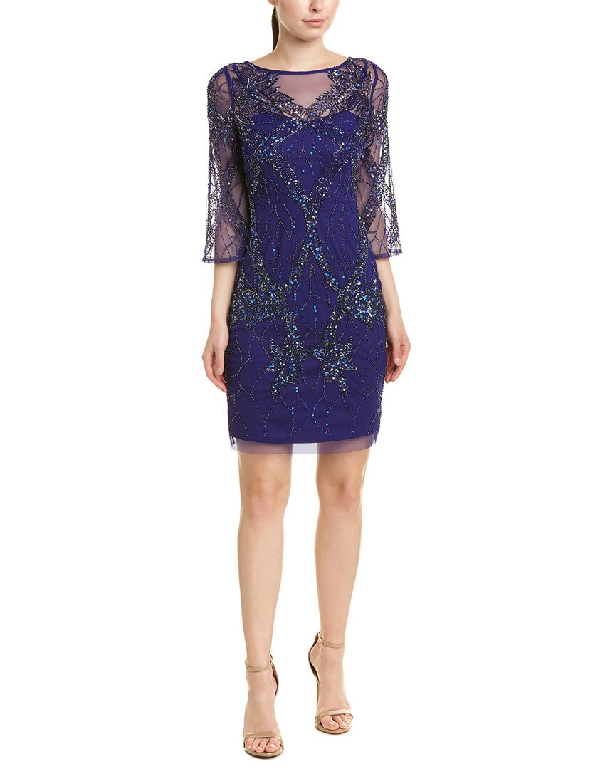Aidan Mattox - MD1E203136 Quarter Sleeve Beaded Illusion Sheath Dress In Blue