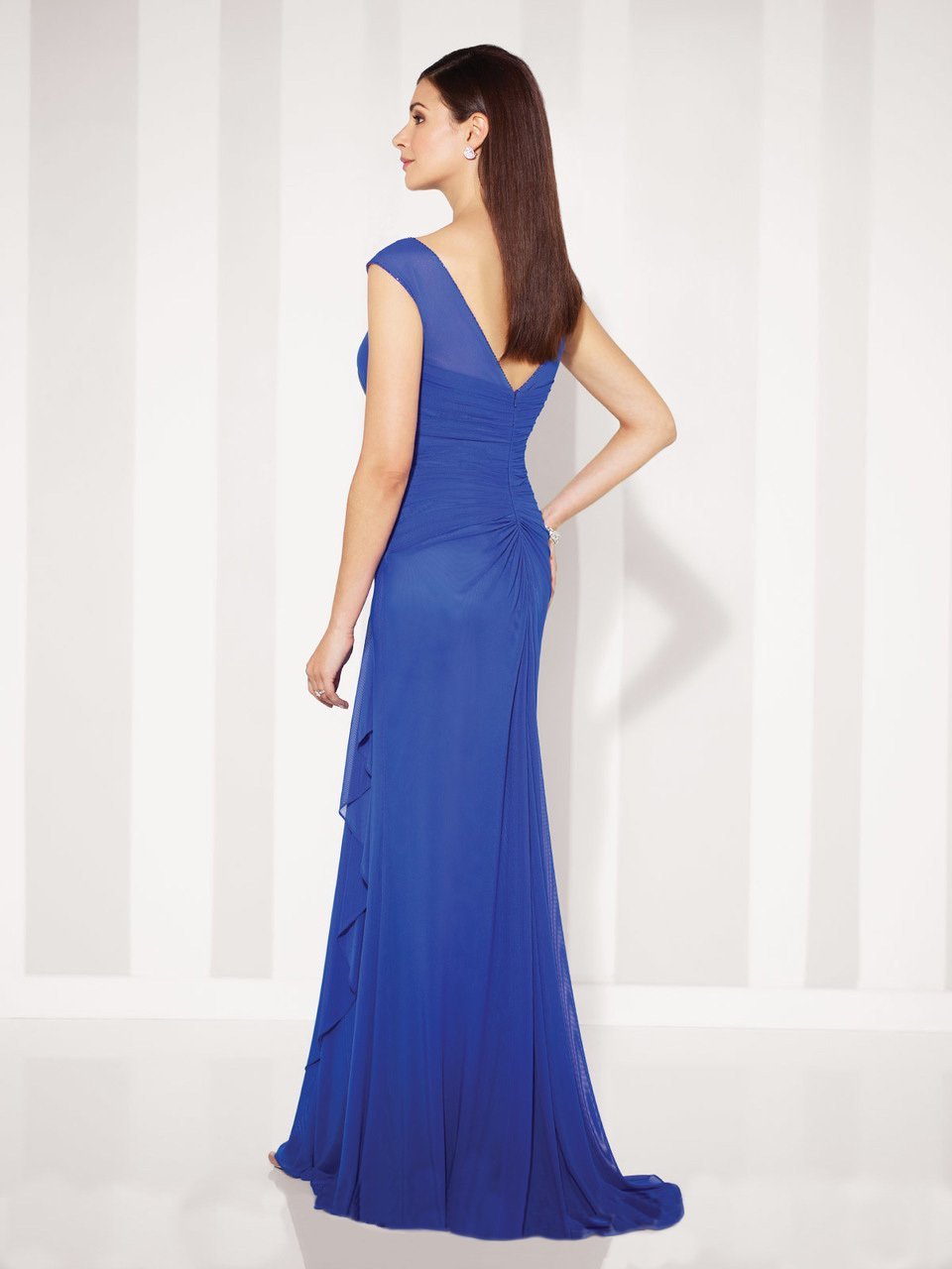Cameron Blake - Cap Sleeve Illusion Bateau Gathered Sheath Gown 117601 in Royal Blue