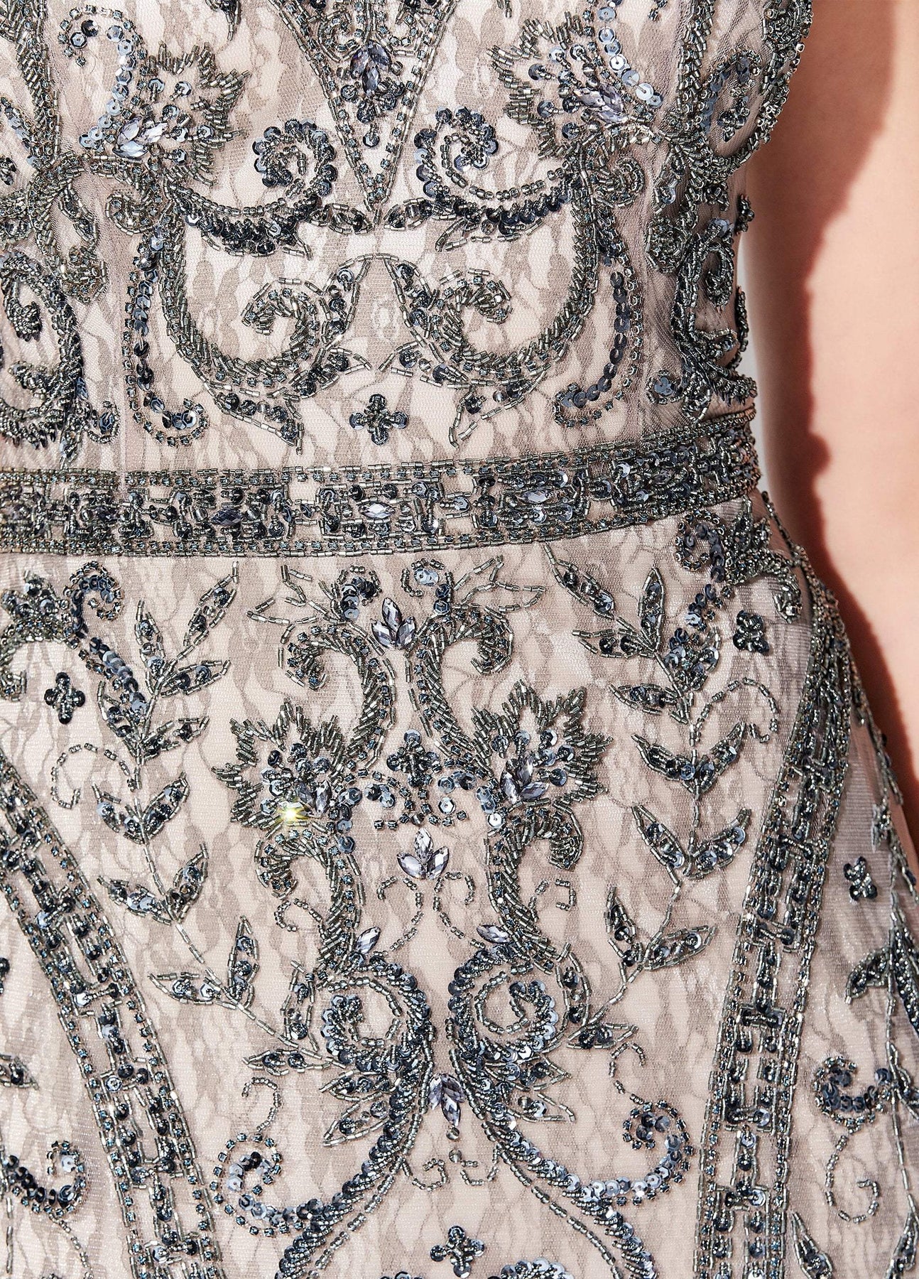 Montage, Ivonne D by Mon Cheri - 119D42 Bead Embellished V-Neck Gown In Gray and Neutral