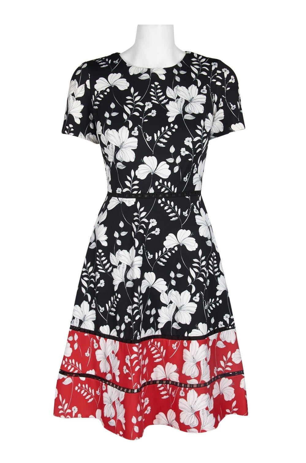Taylor - 1204M Short Sleeves Floral Print Stretch Crepe Dress In Black and Multi-Color