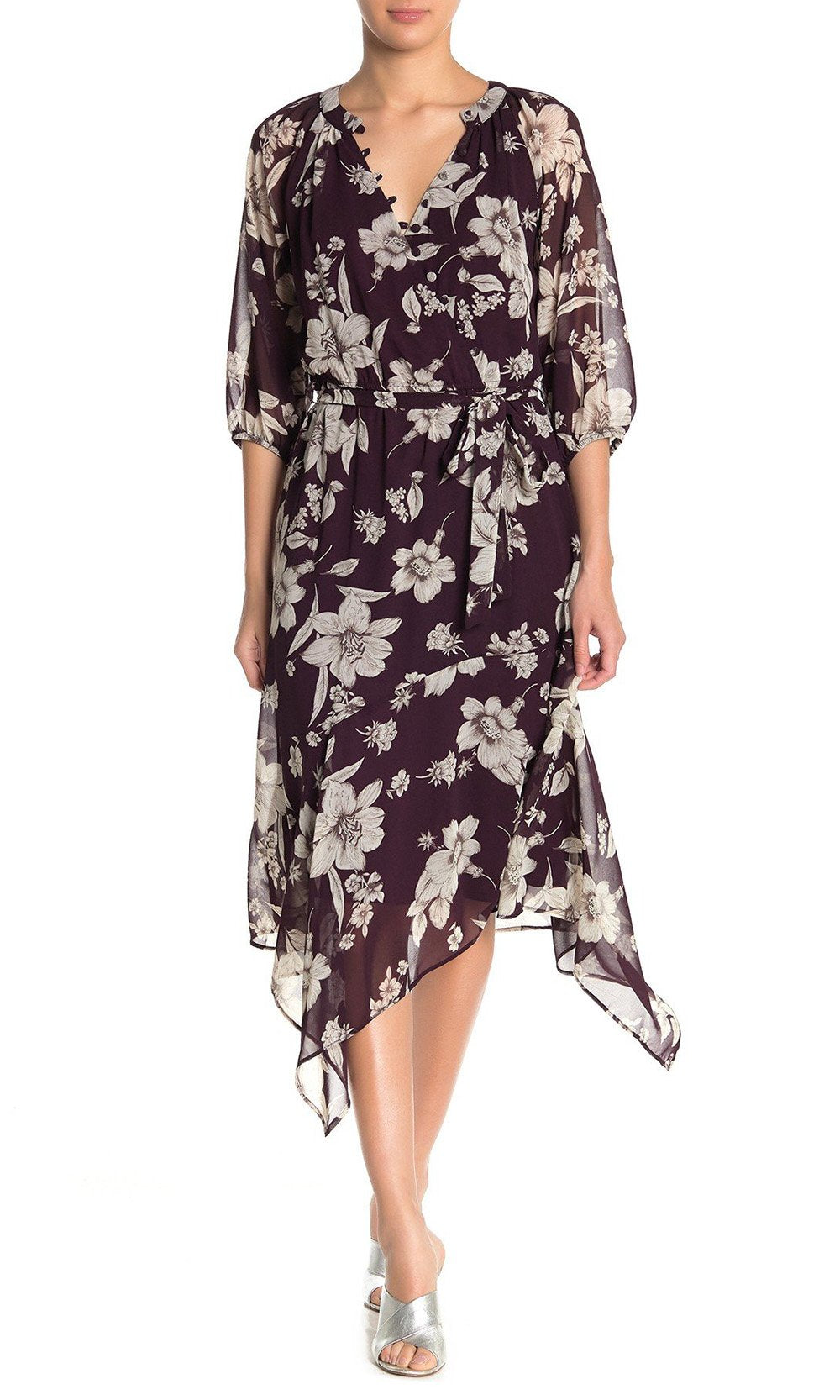 Maison Tara - 91136M Tea Length Floral Faux Wrap Style Dress In Purple and Floral