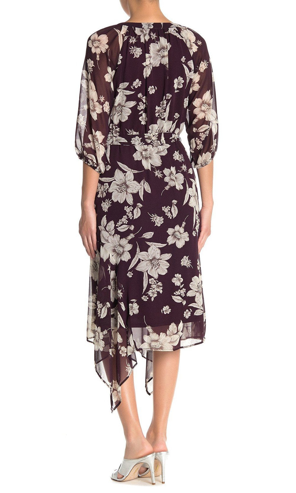 Maison Tara - 91136M Tea Length Floral Faux Wrap Style Dress In Purple and Floral