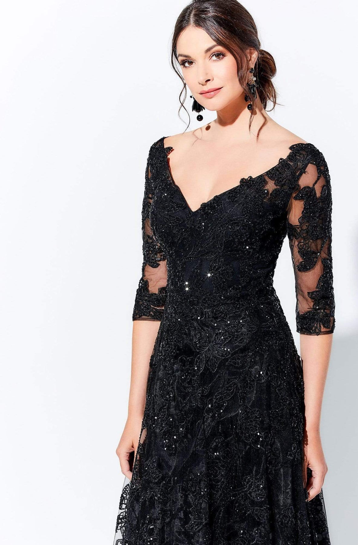 Ivonne D by Mon Cheri - 120D02 Lace V-Neck A-Line Evening Gown In Black