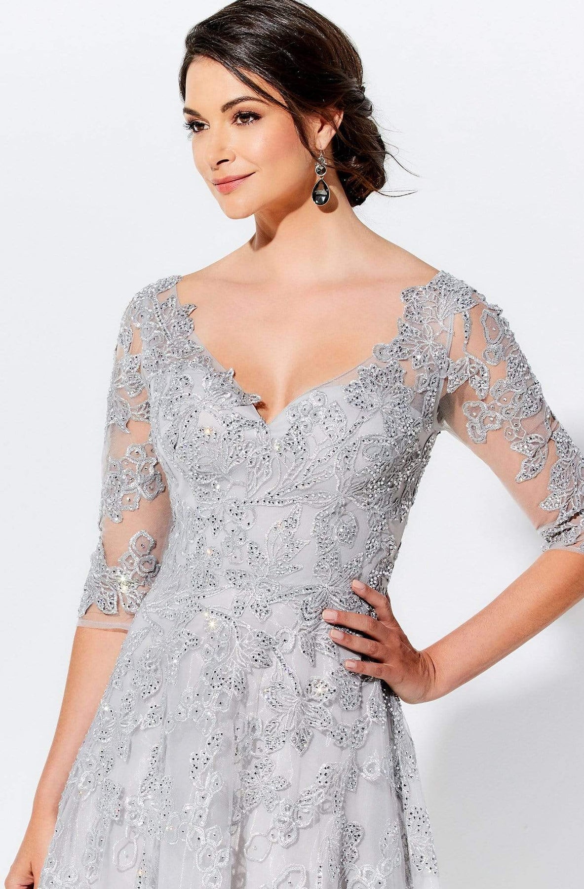 Ivonne D by Mon Cheri - 120D02 Lace V-Neck A-Line Evening Gown In Silver